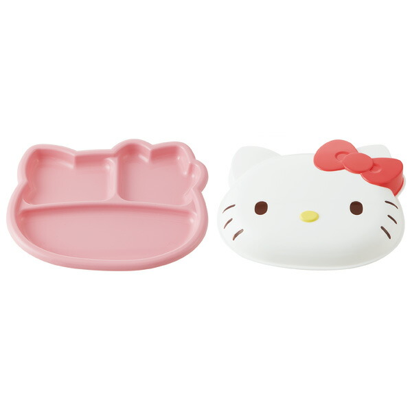 【送料無料】フタ付きランチプレート●ハローキティ おやつタイム●//食器 モーニングプレート ワンプレート ランチ皿 仕切り皿 こども 子供 子ども 子供食器 食事 ご飯 プレート ダイカット 顔型 ふた付き かわいい キャラクター キティちゃん スケーター