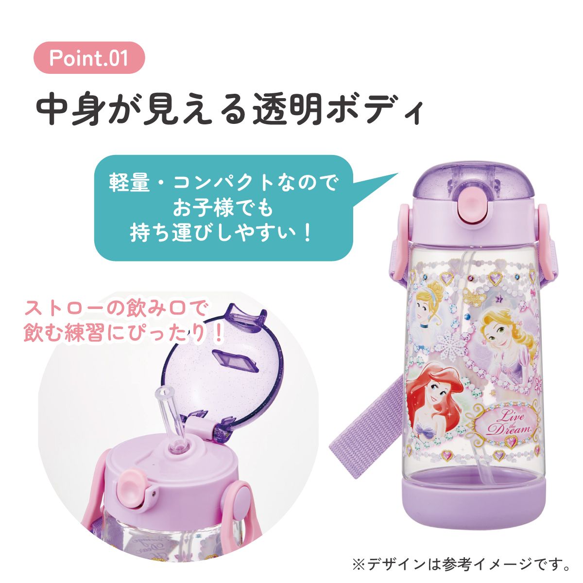 スケーター 水筒 キッズ ワンタッチ プラスチック ストロー ボトル クリア 480ml プラ水筒skater PDSH5 ディズニー プリンセス 27年 女の子 女子【キャラクター 子供 かわいい ワンプッシュ 軽量 ショルダー】