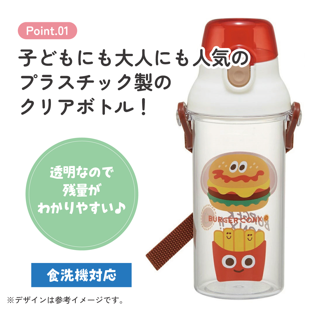スケーター 水筒 キッズ ワンタッチ プラスチック 直飲み 透明 クリア ボトル 480ml skater PSB5TR バーガーコンクス BURGER CONX 男の子 女の子【キャラクター 子供 可愛い ワンプッシュ ダイレクト 軽量】