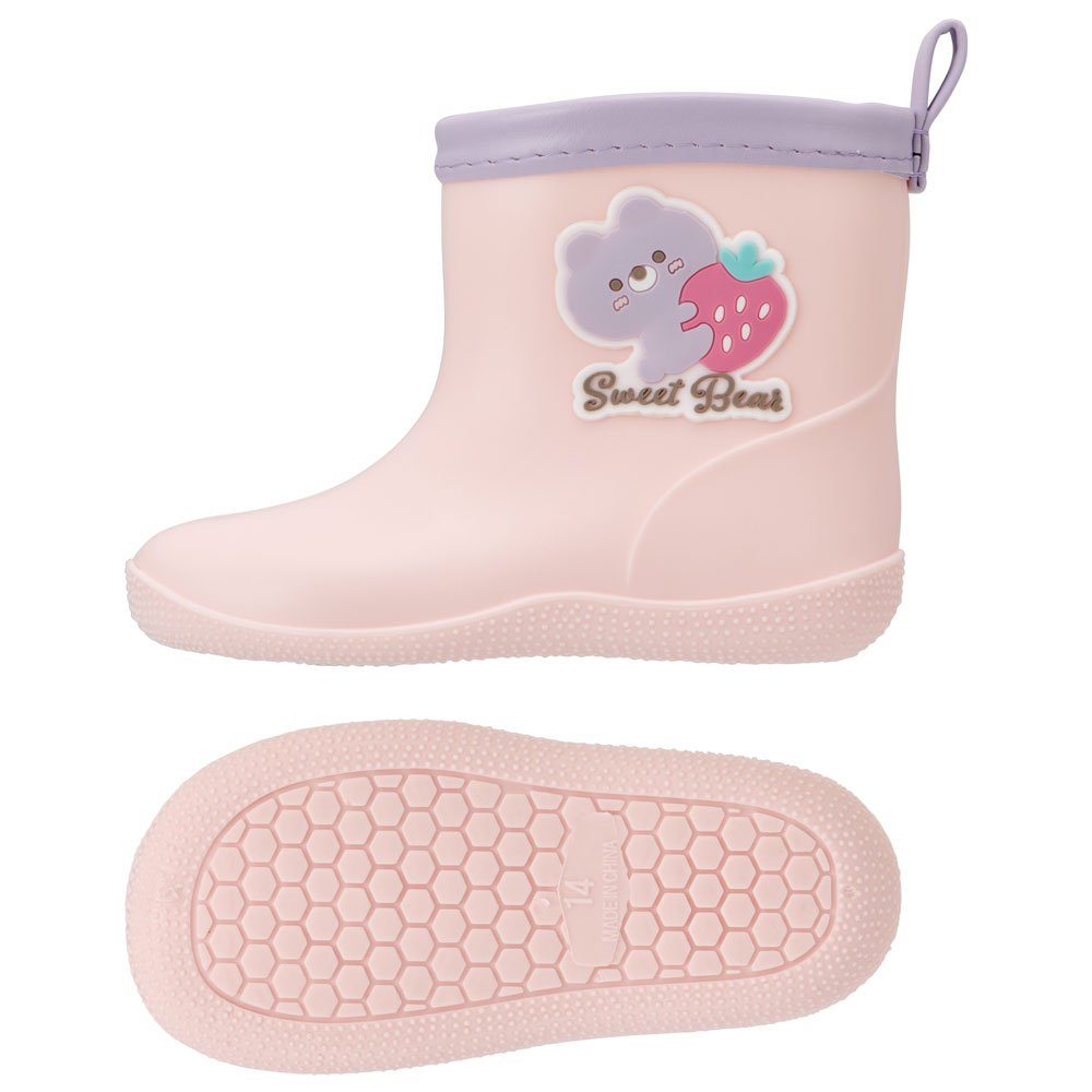 ワッペン 付き レインブーツ 長靴 キッズ 子供 14cm おしゃれ かわいい スケーター skater RIBTW14 Sweet Bear クマ くま ピンク いちご