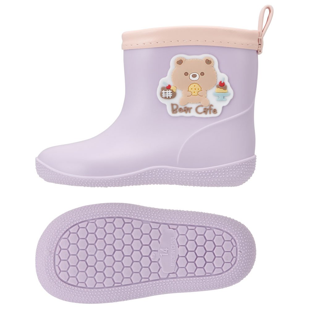 ワッペン 付き レインブーツ 長靴 キッズ 子供 14cm おしゃれ かわいい スケーター skater RIBTW14 Bear Cafe クマ くま 紫 パープル