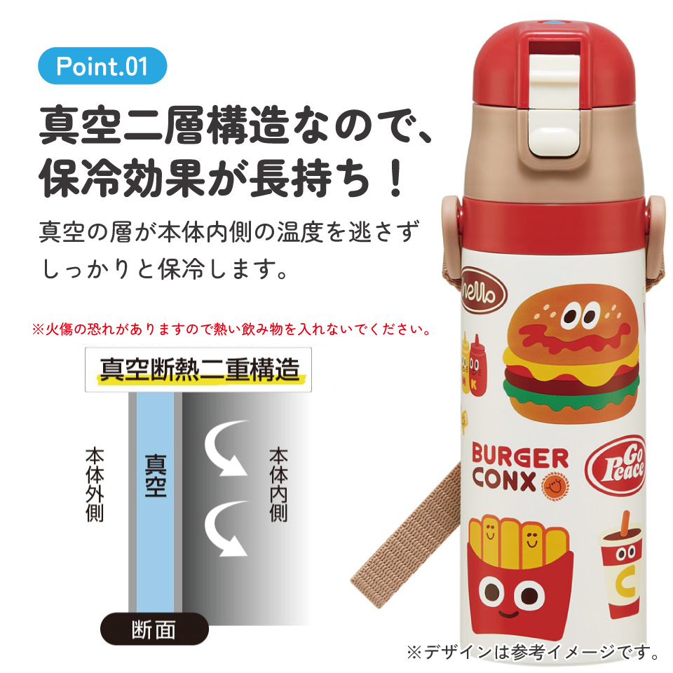 スケーター 水筒 子供 470ml 直飲み ダイレクト キッズ ステンレスボトル skater SDC4 バーガーコンクス BURGER CONX 男の子 女の子【幼稚園 キャラクター ワンタッチ こども 保冷 ショルダーベルト付き 子ども】