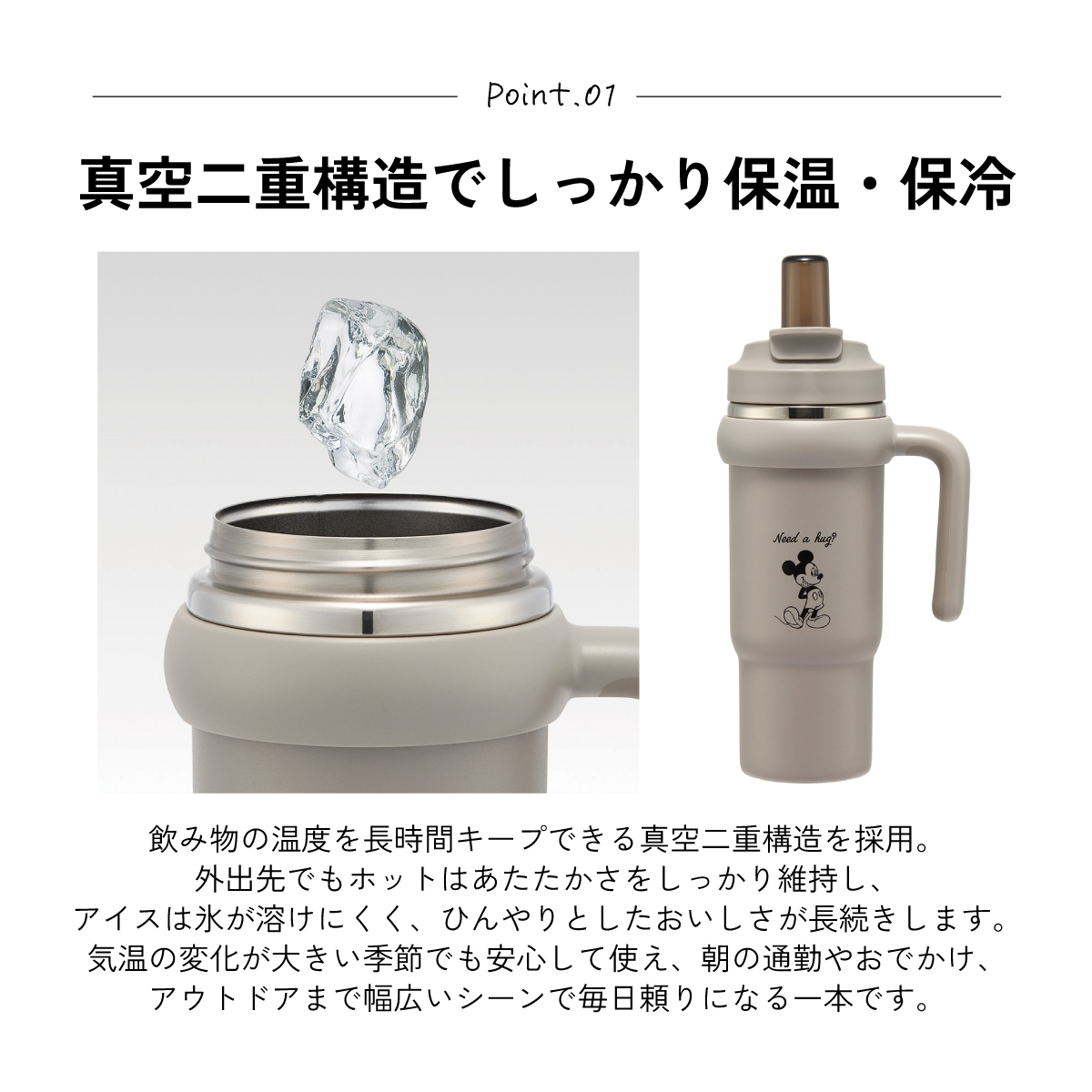 スケーター ハンドル付 タンブラー 830ml ストロー ステンレス ボトル 保温 保冷 直飲み 2WAY skater STSTB9 ミッキーマウス ミッキー Mickey 男の子 女の子【子供 キッズ 大人 真空二重構造 持ち手付き】