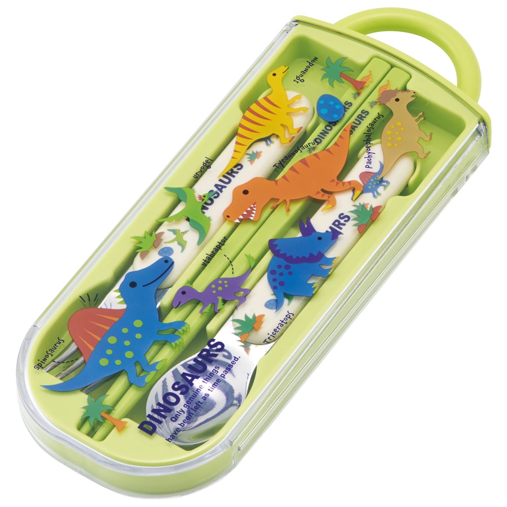 子供用 抗菌 お弁当 トリオセット 開けやすいスライド式（箸、スプーン、フォークのセット） ディノサウルスピクチャーブックＮＥＷ／TACC2AG_4973307667213