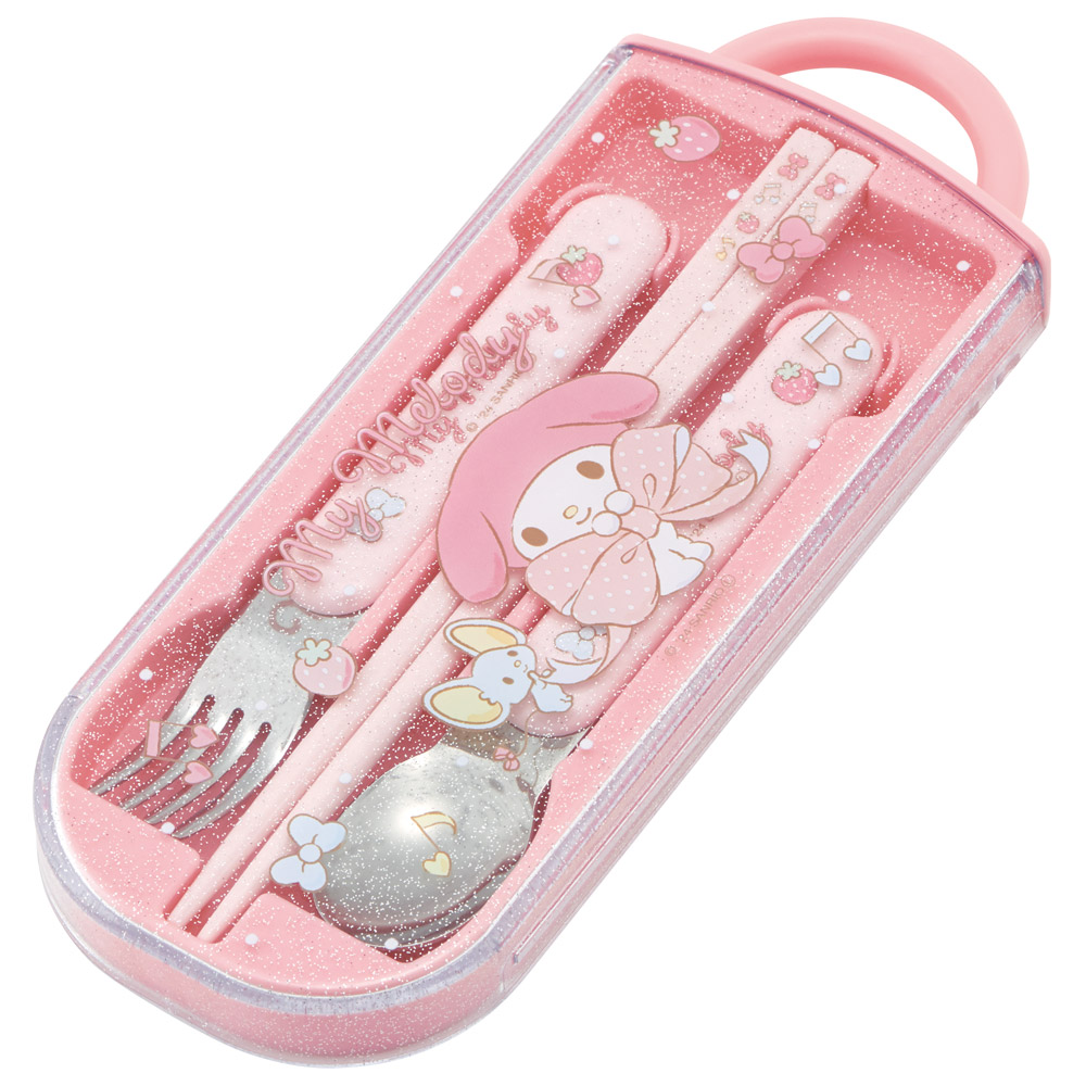 子供用 抗菌 お弁当 トリオセット 開けやすいスライド式(箸、スプーン、フォークのセット) マイメロディ ビッグリボン/TACC2AG_4973307686474