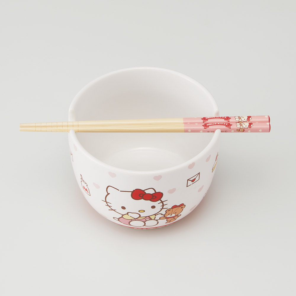 陶器製 ボウル 箸 セット 600ml 21cm 食器 鉢 お椀 丼 竹箸 カトラリー 焼き物 陶物 可愛い 便利 CHBWH1 キティ ハローキティ タイニーチャム キティちゃん 女子【陶製 食事 キャラクター キッズ こども 大人】