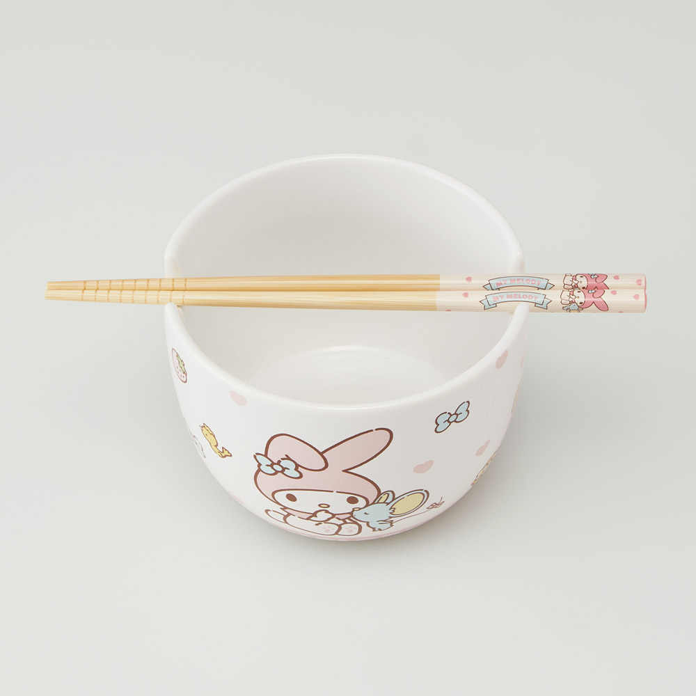 陶器製 ボウル 箸 セット 600ml 21cm 食器 鉢 お椀 丼 竹箸 カトラリー 焼き物 陶物 可愛い 便利 CHBWH1 マイメロディ マイメロ フラットくん サンリオ 女子【陶製 食事 キャラクター キッズ こども 大人】