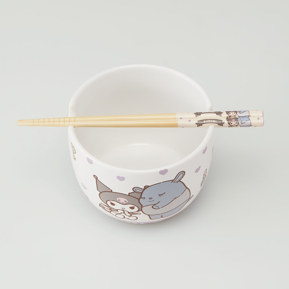陶器製 ボウル 箸 セット 600ml 21cm 食器 鉢 お椀 丼 竹箸 カトラリー 焼き物 陶物 可愛い 便利 CHBWH1 クロミ クロミちゃん バク サンリオ 女の子 女子【陶製 食事 キャラクター キッズ こども 大人】