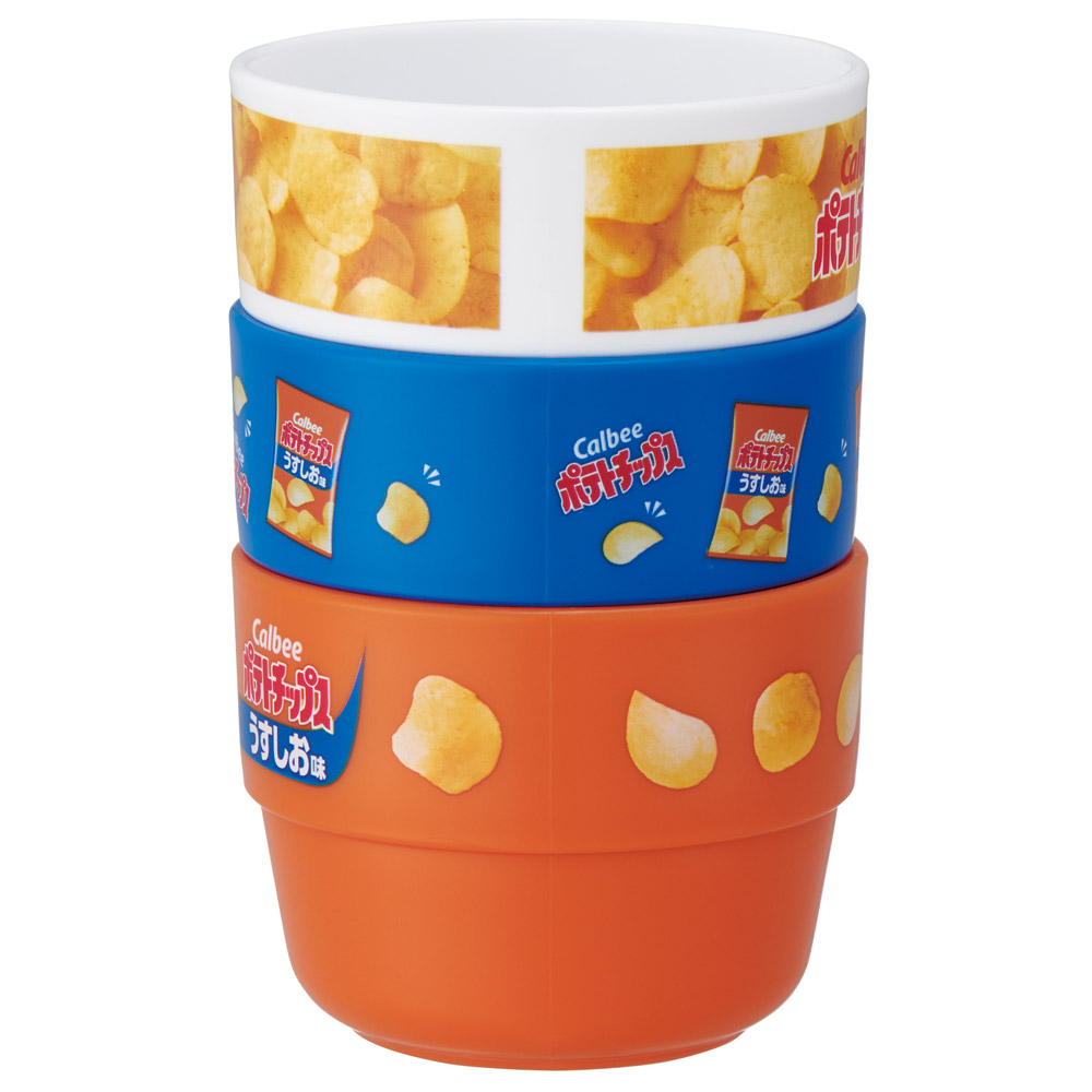 スタッキング コップ 3個 セット キャラクター 子供 キッズ プラスチック skater スケーター KS31 ポテチうすしお味 お菓子 パッケージ カルビー Calbee【割れにくい うがい 幼児 食器 カップ かわいい 子ども】