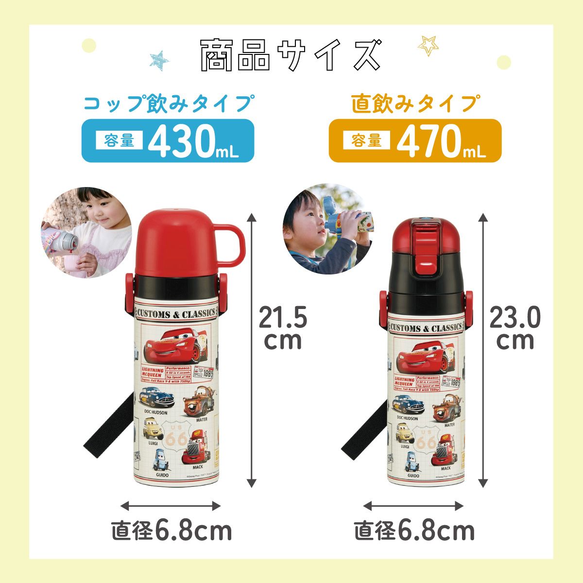 【送料無料】超軽量 直飲み コップ飲み兼用 2WAYステンレスボトル 470ml/430ml カーズ２５／SKDC4_4973307689246
