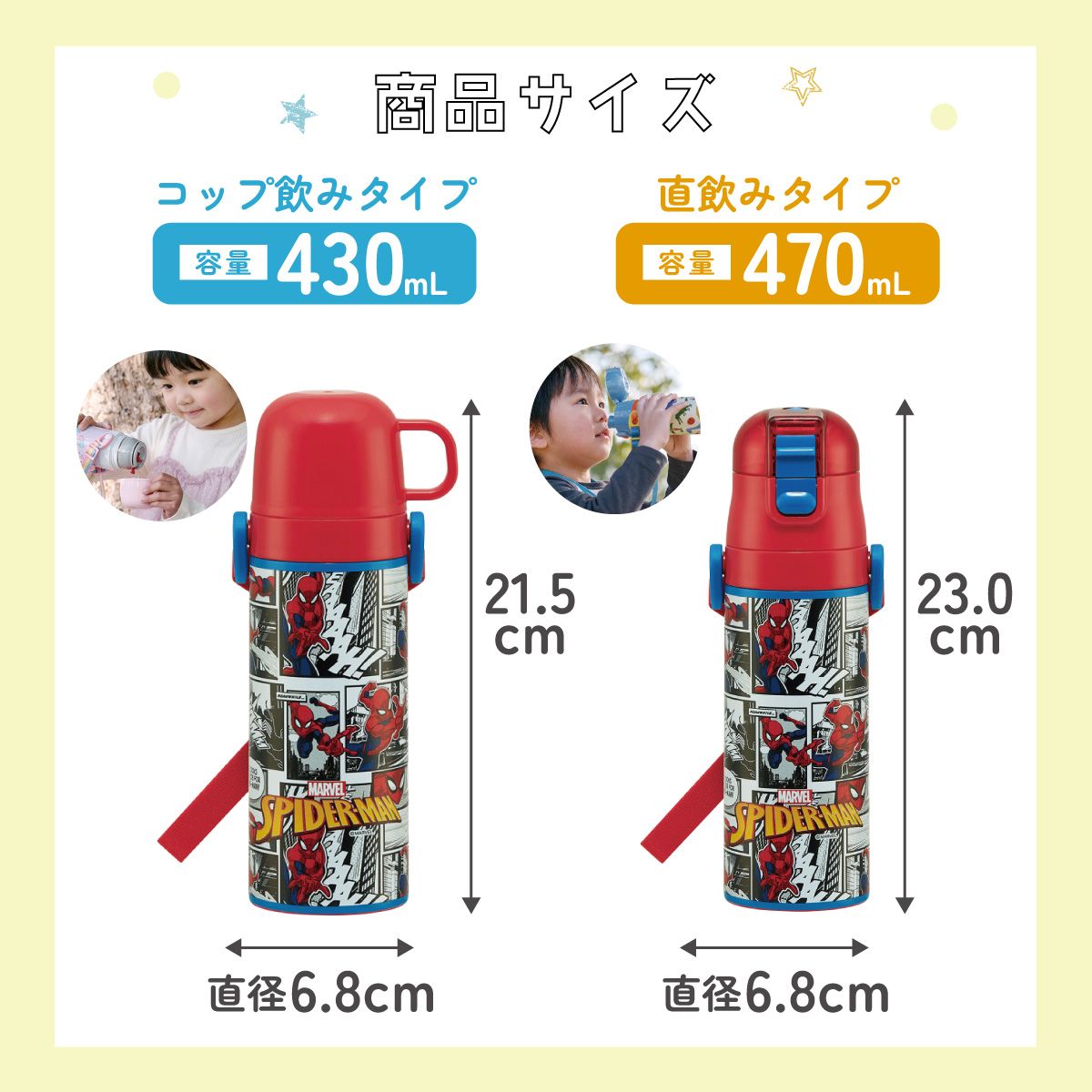 【送料無料】超軽量 直飲み コップ飲み兼用 2WAYステンレスボトル 470ml/430ml スパイダーマン25/SKDC4_4973307689451