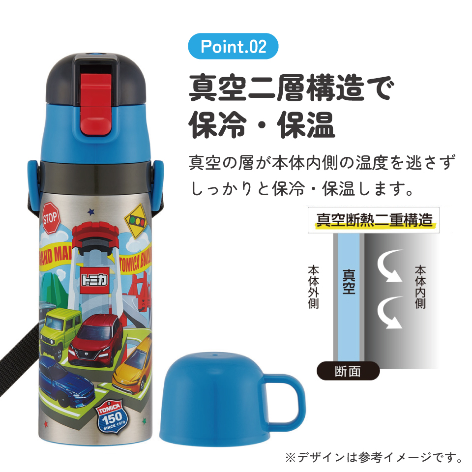 【送料無料】スケーター 水筒 子供 2WAY 直飲み 470ml コップ飲み 430ml ステンレス 保冷 ワンタッチ skater SKDC4 トミカ 26年 tomica 車 くるま 男の子【幼稚園 キッズ 軽い キャラクター 紐 ショルダーベルト 付き ワンプッシュ】