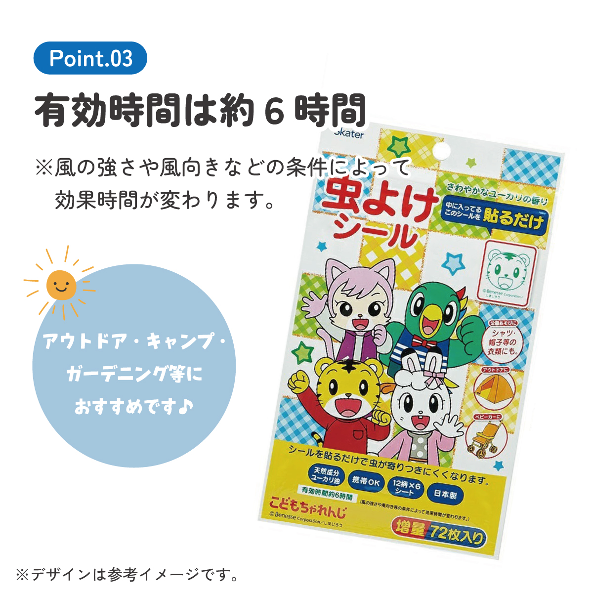 【メール便対象品】 虫除けシール 虫よけシール 72枚入 キャラクター 虫よけ 虫除け 子供 子ども キッズ スケーター MYP5【お出かけ アウトドア キャンプ 夏 おでかけ シールタイプ ベビーカーしましま とらの しまじろう 男の子 女の子】