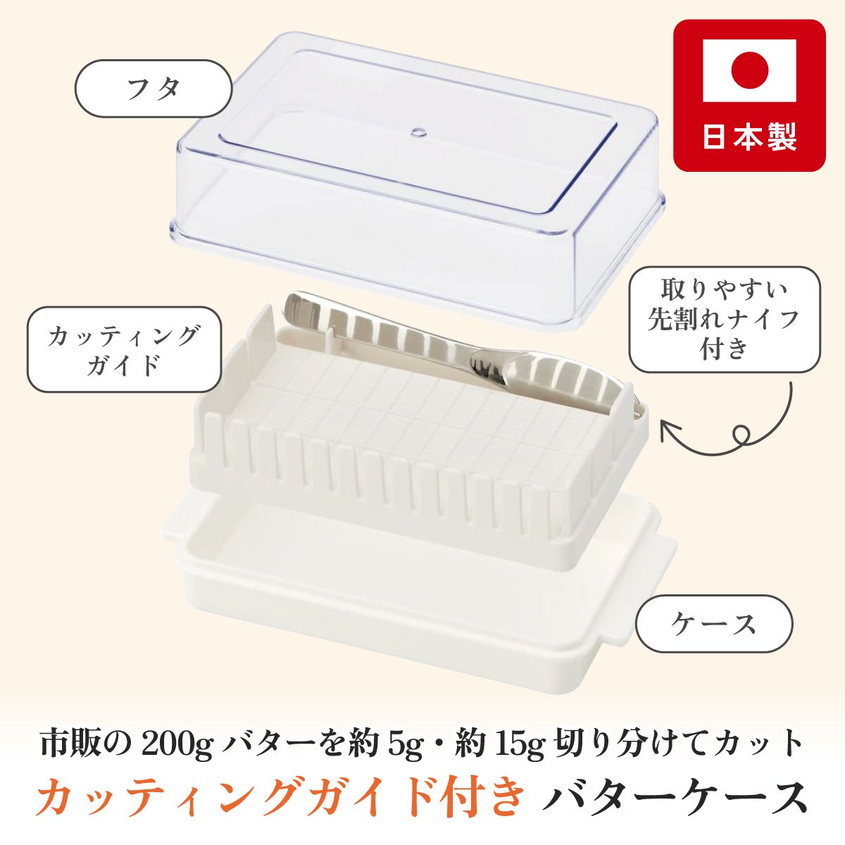 バターケース カット バターカッター ナイフ 付き 簡単 便利 日本製 ギフト 母の日 プラスチック BTG1N