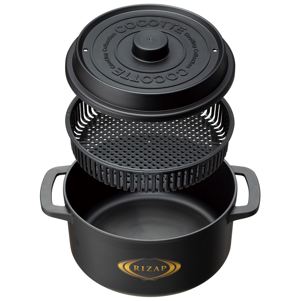 【送料無料】ココット風 電子レンジ 用 鍋 1.6L ライザップ RIZAP 時短 で ハッピー 共同開発 レシピ 付き なべ ザル 付き レンジ調理