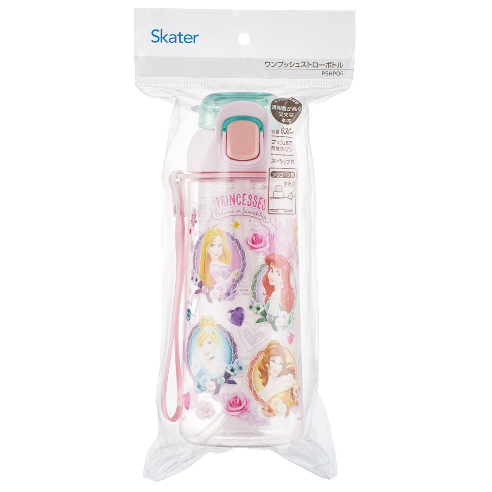 【送料無料】ワンプッシュ ストロー ボトル 水筒 630ml 透明 クリア 子供 キッズ かわいい スケーター skater PSHPO6 ディズニー プリンセス 女の子 女子