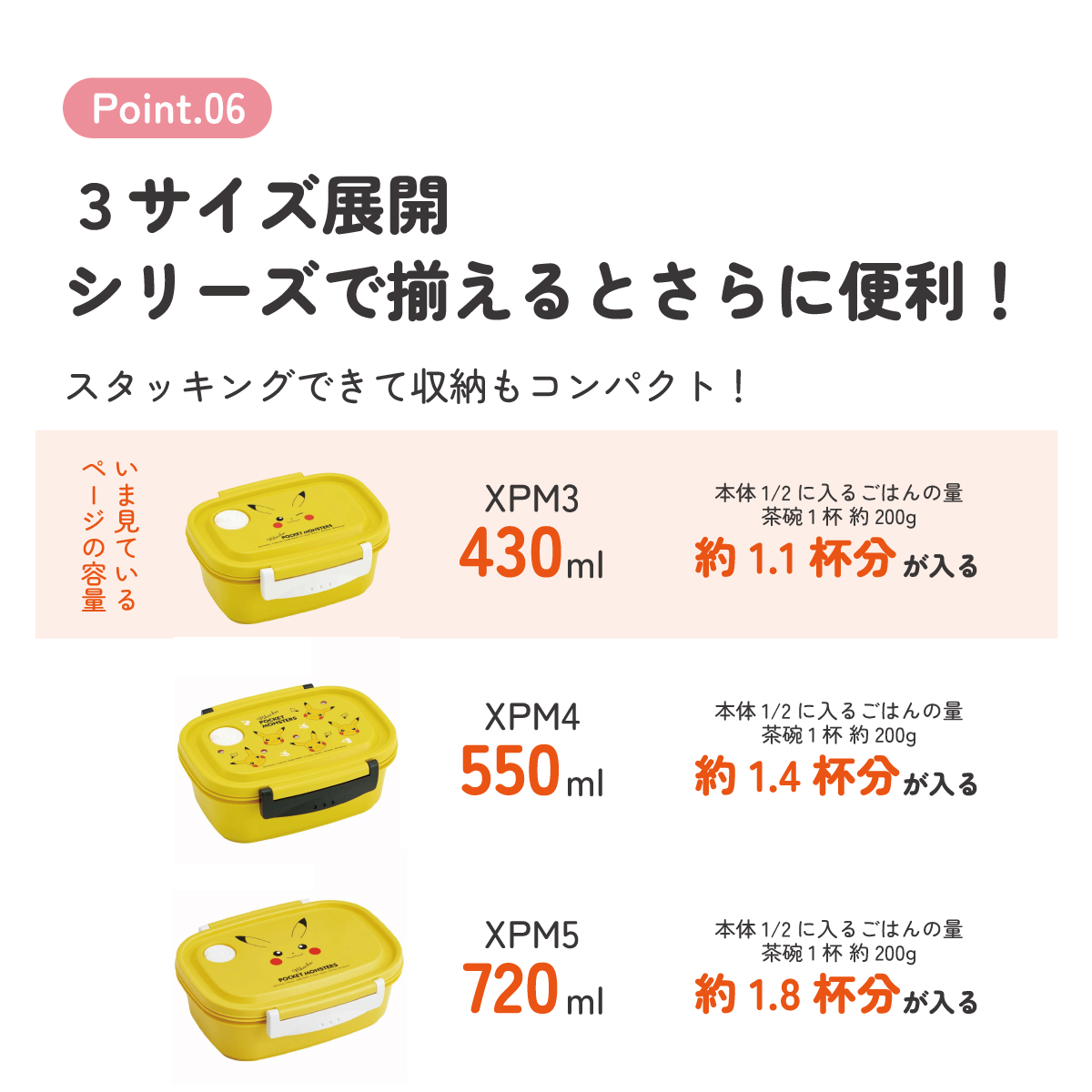 ラク軽弁当箱(S) 1段/430mlピカチュウフェイス23/XPM3_4973307634963