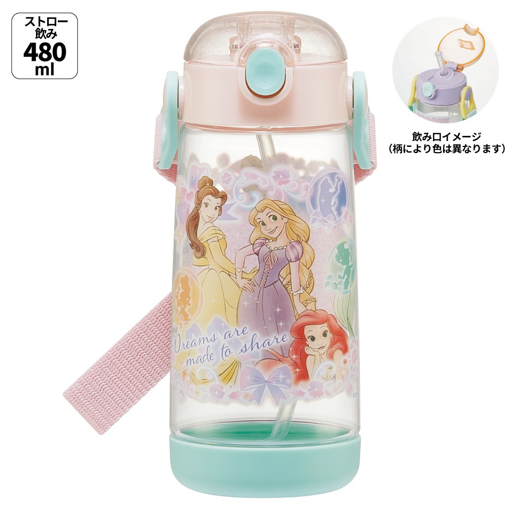【送料無料】ワンプッシュ式ストロー水筒 プラスチック製 480ml プリンセス２５／PDSH5_4973307690037
